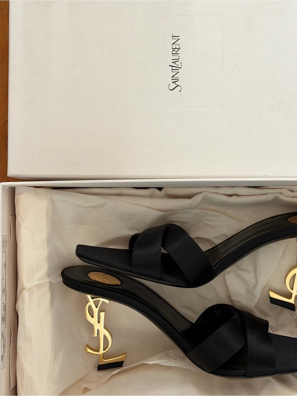 Saint Laurent Black Satin Cross-Strap Mules with Gold YSL Heel